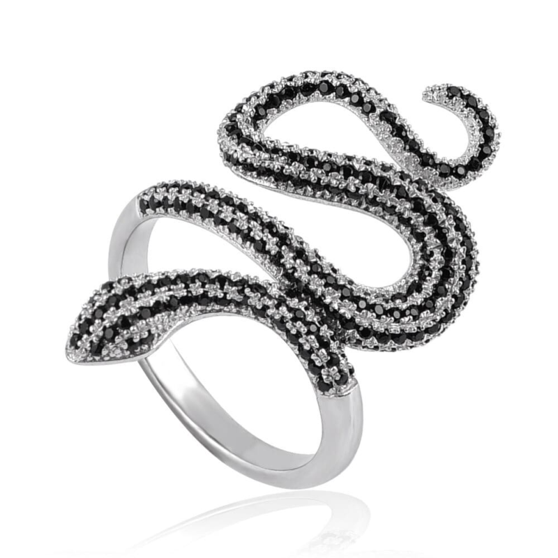 Black and White Diamond Snake Ring Silver