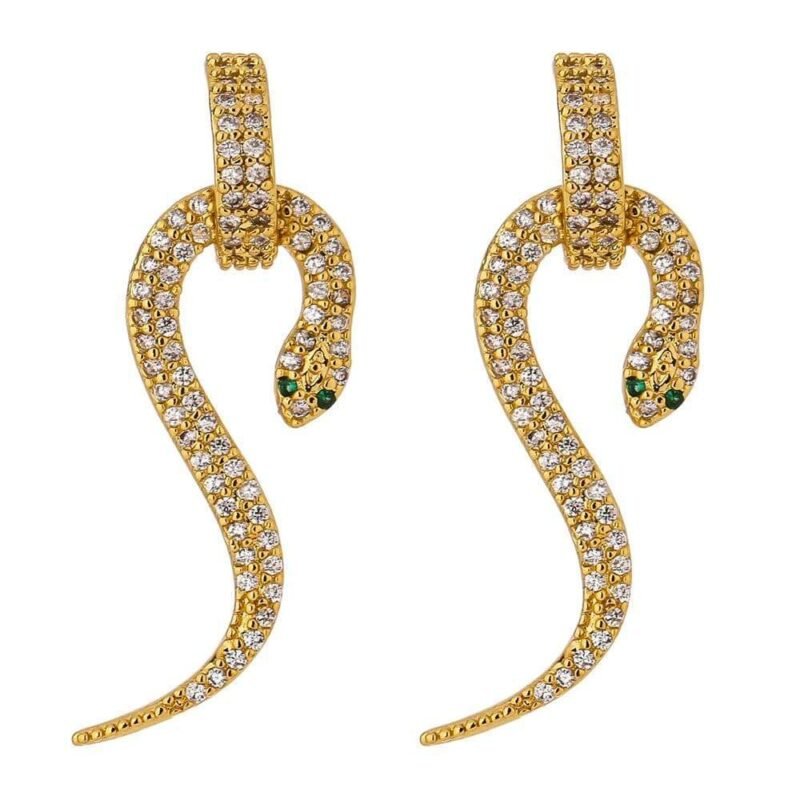 Green Emerald Eyes Gold Snake Diamond Earrings