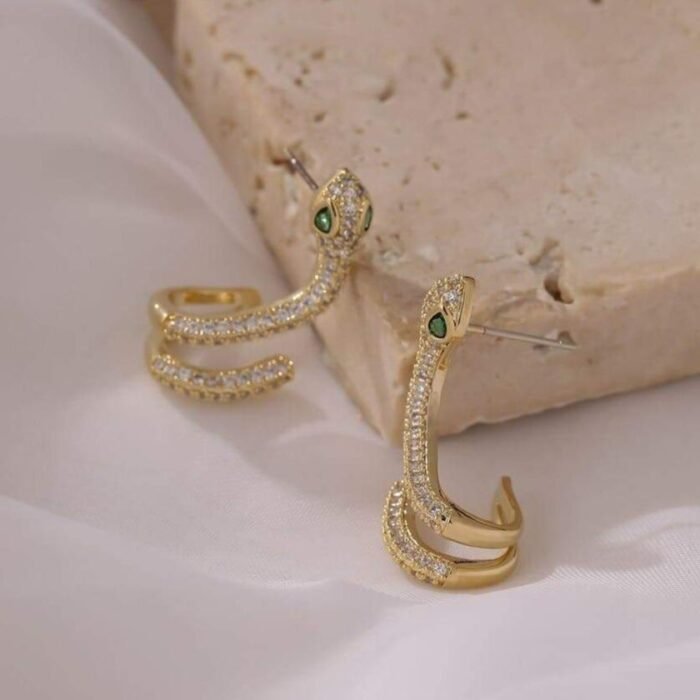 Green Emerald Eyes Gold Snake Stud Earrings