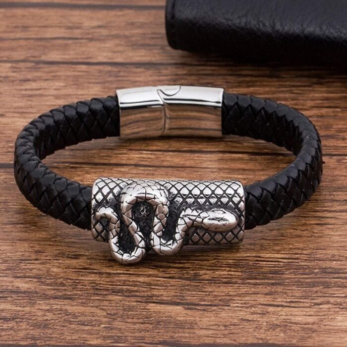 Black Leather Snake Bracelet men
