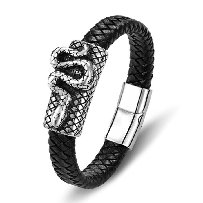 Black Braided Leather Snake Bracelet