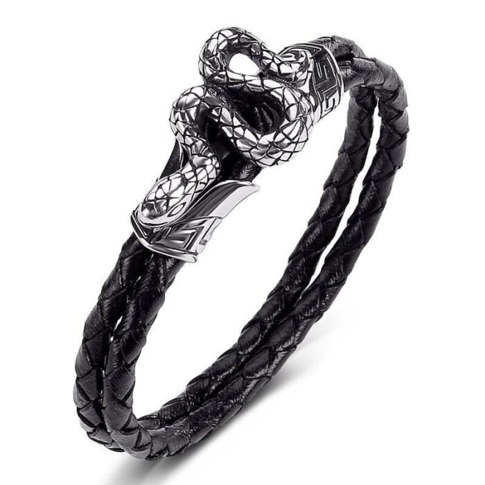 Thin Black Braided Leather Snake Bracelet