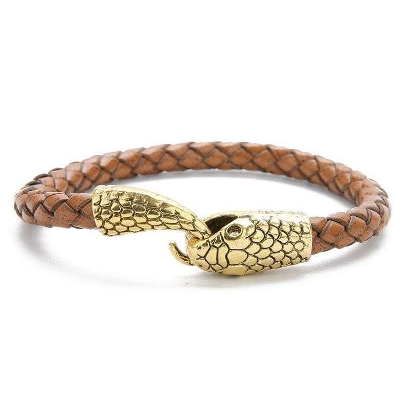Brown Leather Gold Ouroboros Snake Bracelet