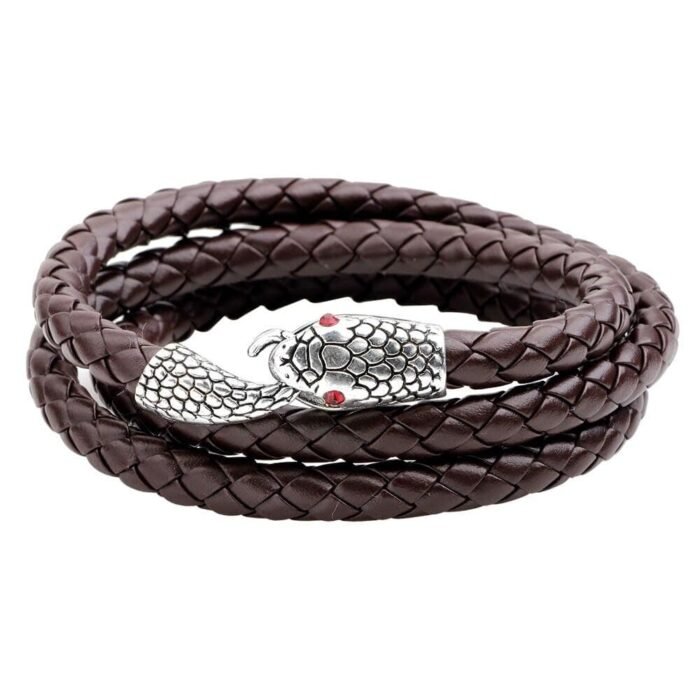 Brown Leather and Silver Tone Mens Coiled Snake Bracelet