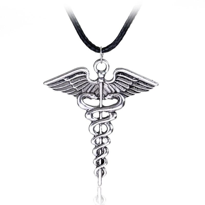 Snake Caduceus Pendant Necklace Silver