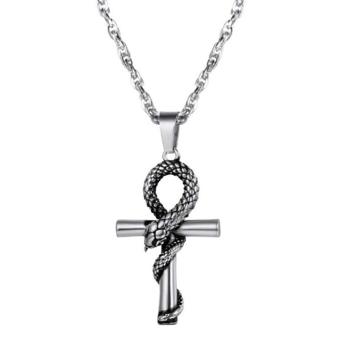 Silver Cross with Snake Pendant Necklace