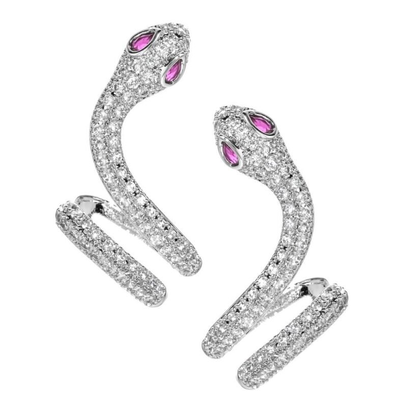 Diamond Silver Snake Stud Earrings with pink eyes