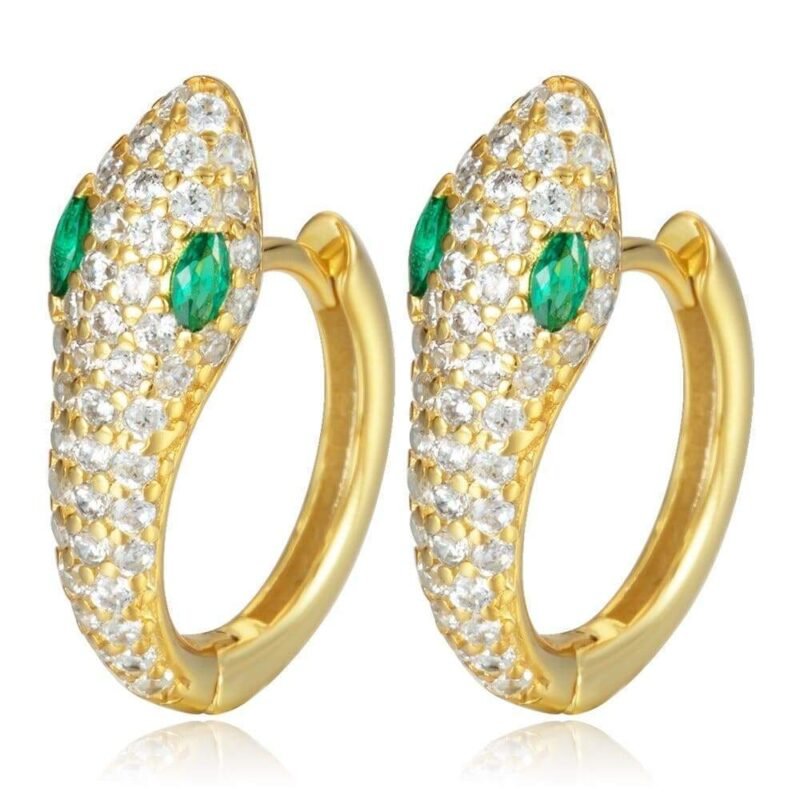 Green-Eyed Gold Snake Earrings with Diamonds