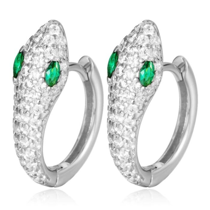 Green-Eyed Silver Snake Earrings with Diamonds