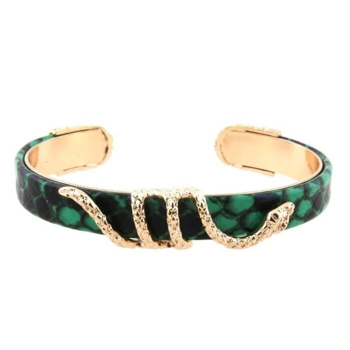 Green Snakeskin and Gold Snake Bracelet