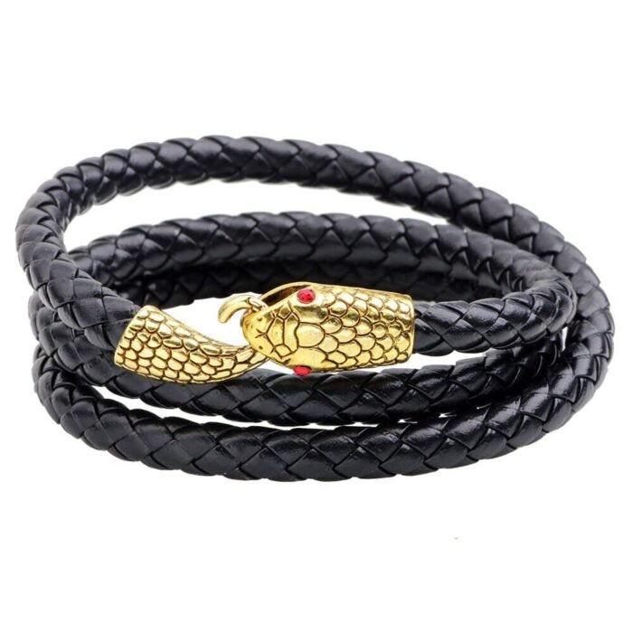 Leather and Gold Tone Mens Coiled Snake Bracelet