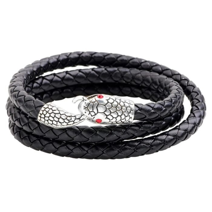 Leather and Silver Tone Mens Coiled Snake Bracelet