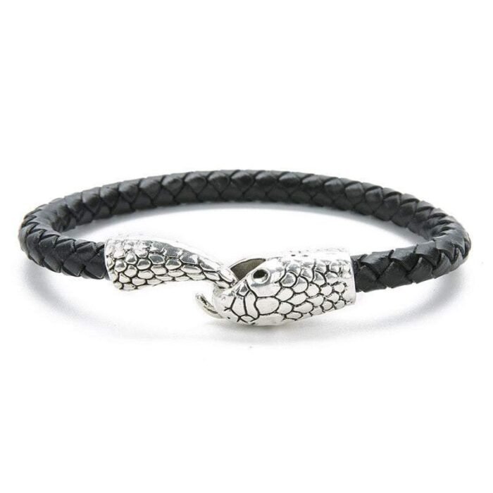 Black Leather Silver Ouroboros Snake Bracelet