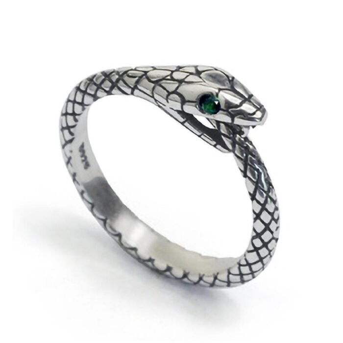 Green-Eyed Ouroboros Ring Sterling Silver