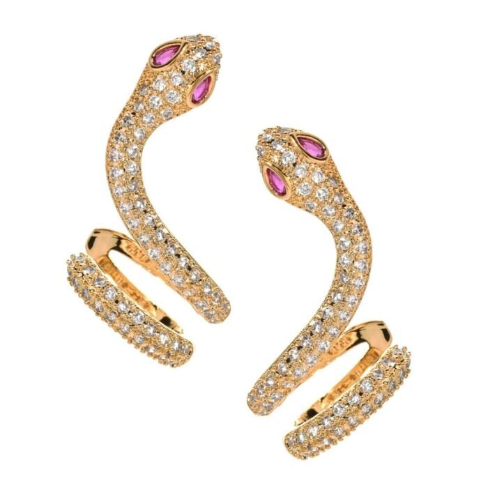Pink Emerald Eyes Gold Snake Stud Earrings