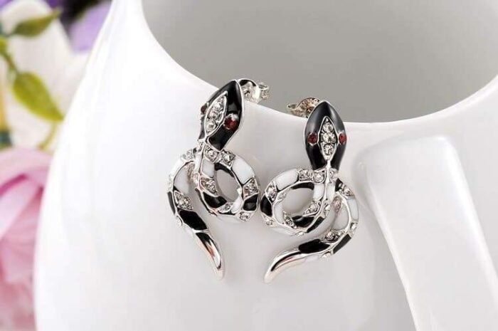 Ruby Black and Silver Snake Earrings