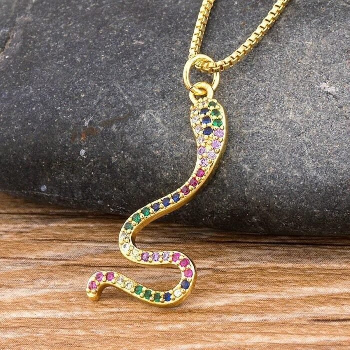 Gold Snake Necklace with Multicolor Diamond